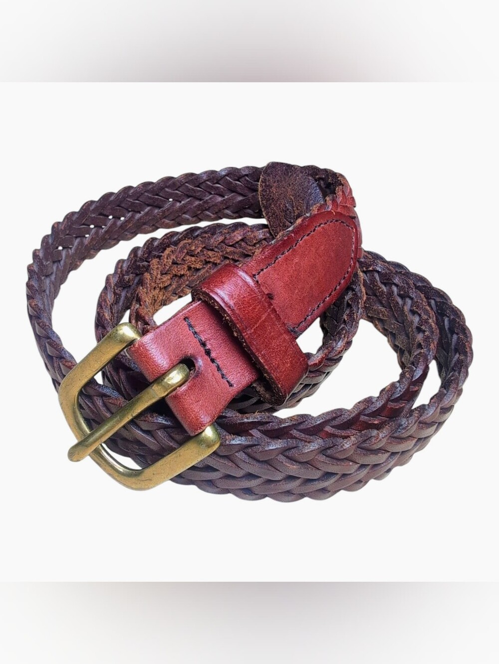 Vintage Lands' End Braided Woven Brown Leather Belt Brass Buckle Men Size 38